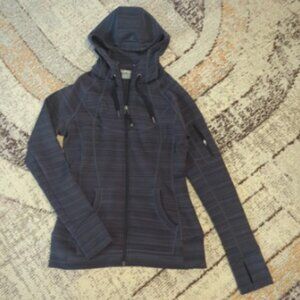 Athleta Zip Jacket Womens Size S Gray  Striped  Pockets Thumb Holes Hooded